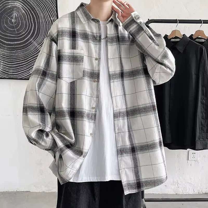 Hong Kong Style Vintage Plaid Shirt Men'S Spring Autumn Loose Casual Korean Version Large Size Trendy Outerwear